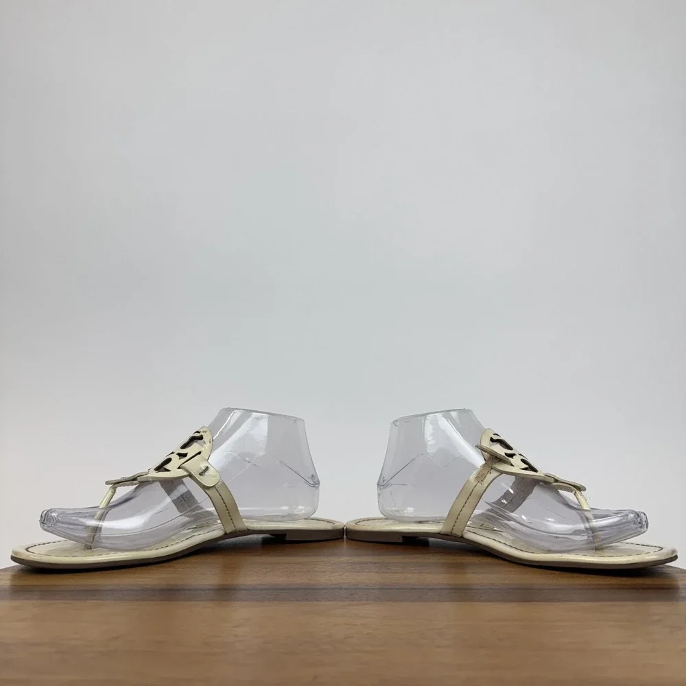 Womens Tory Burch Miller Thong Beige Leather Flip Flops Shoes Sandals Size 8.5 M